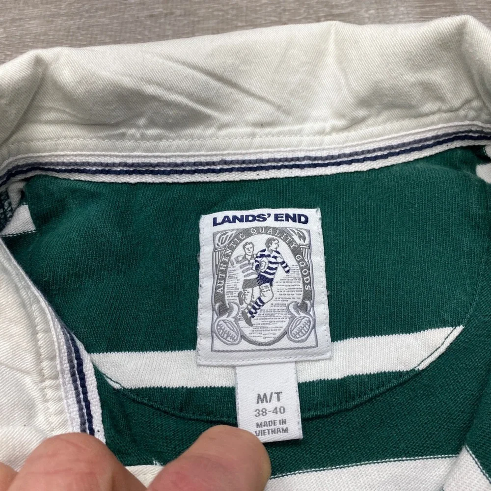 Lands End Rugby Shirt Mens Med Tall 100% Cotton Green White Stripe Long Sleeve - Picture 3 of 8